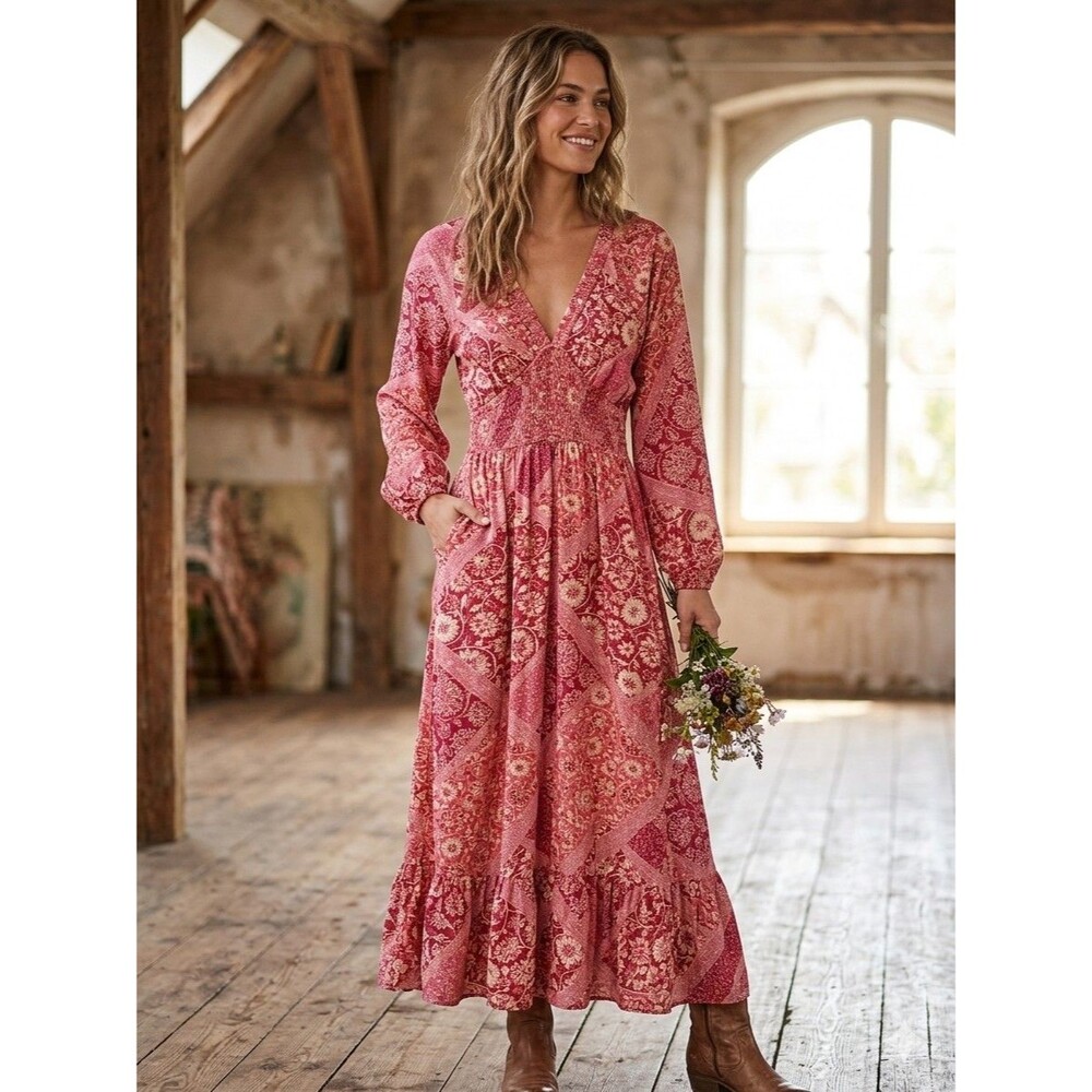 Japna floral Women maxi dress pink and red paisley bohemian Elastic Waist Size S